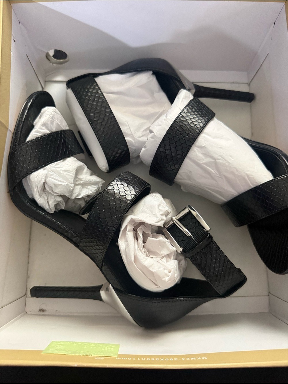 Michael Kors Leather Snakeskin Sandals Embossed Black  Heels Amal Sz 9 $185 NIB - Picture 2 of 5